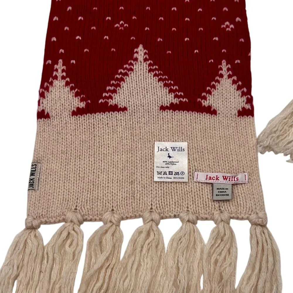Jack Wills Wool Blend Nordic Tree Scarf, NWOT, Red Cream, OS